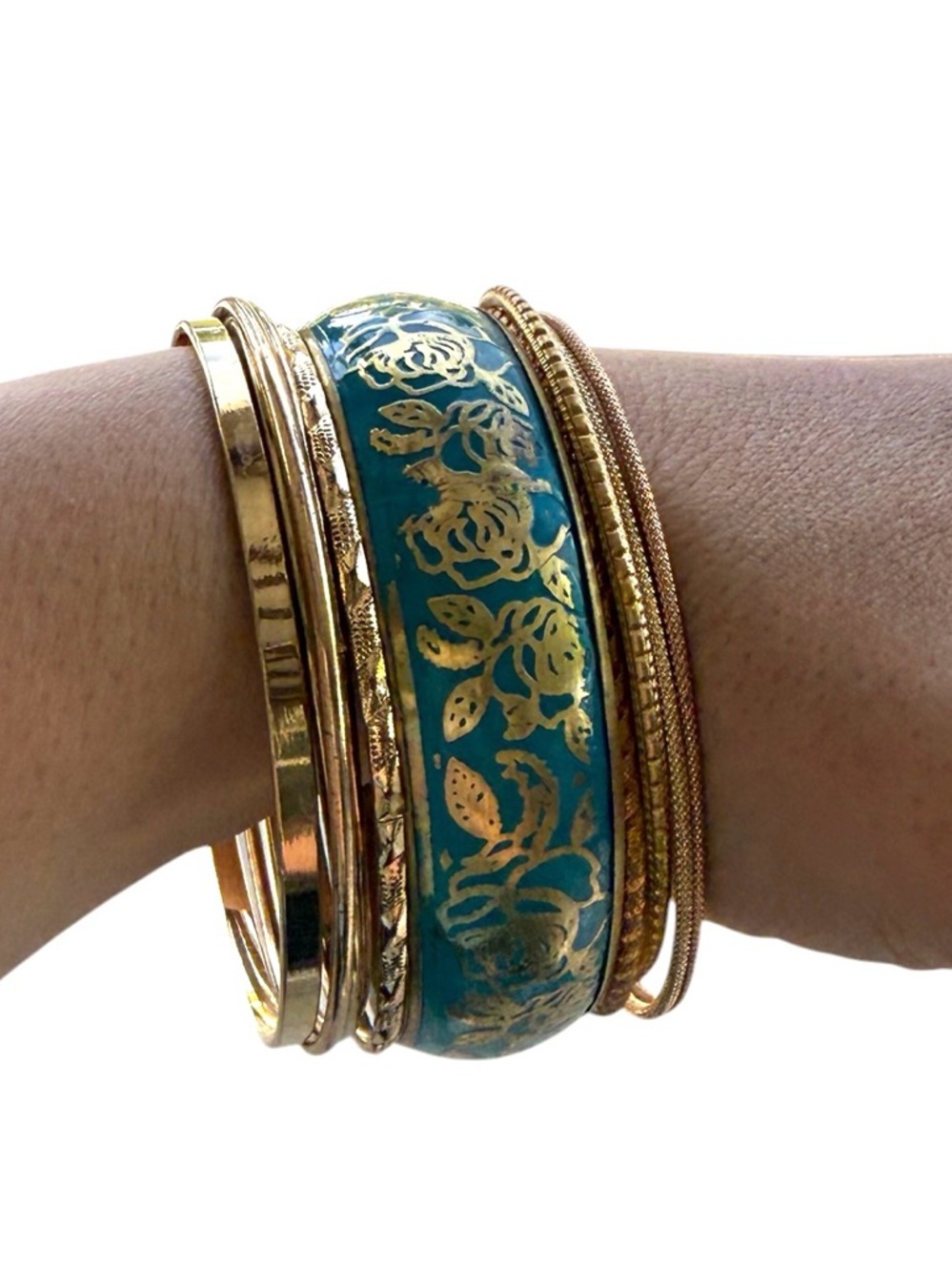 Vintage Enamel Gold & Teal Floral Bronze Bangle Stack